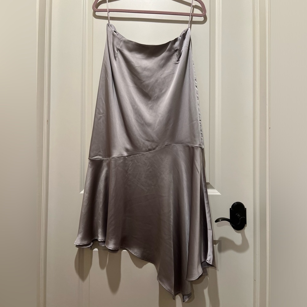 NWOT Steve Madden Asymmetrical Silver Silky Midi Skirt Shiny Abstract Zipper